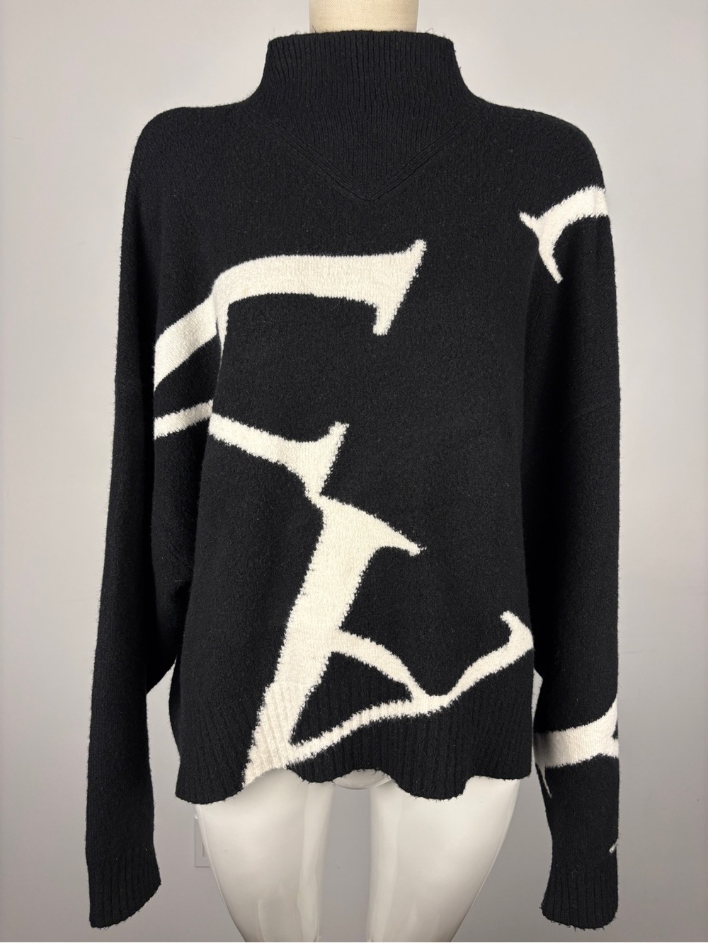 AllSaints Black A Star Wool Blend Jumper Mock Roll Neck Graphic Knit L